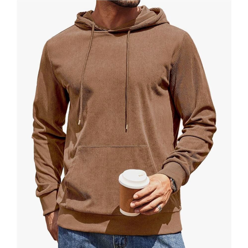 Coofandy Mens Hooded Sweatshirt Long Sleeve Casual Corduroy Hoodie Pocket Sz 2XL